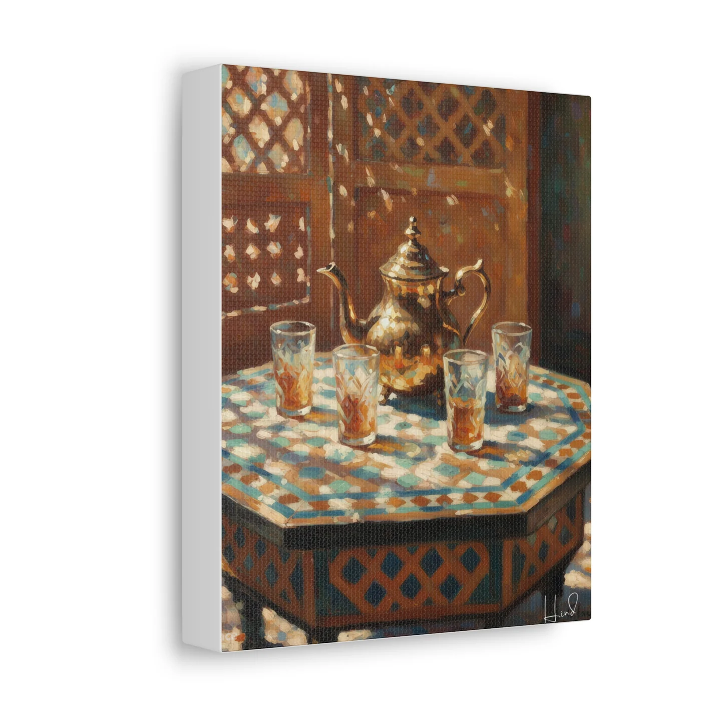 Tableau sur toile tendue représentant un service à thé marocain (théière et verres).