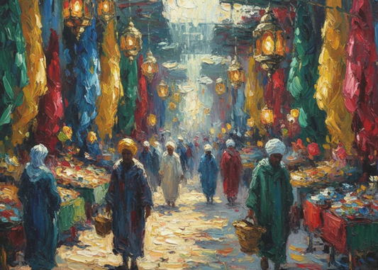 Tableau sur toile mate, une scène de rue de bazar colorée