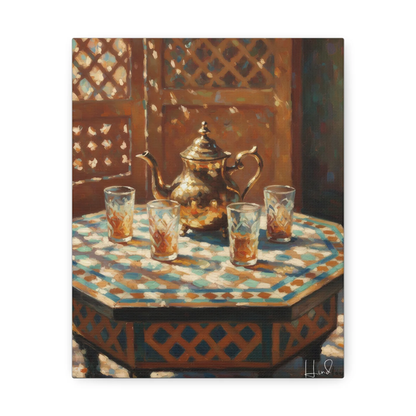 Tableau sur toile tendue représentant un service à thé marocain (théière et verres).
