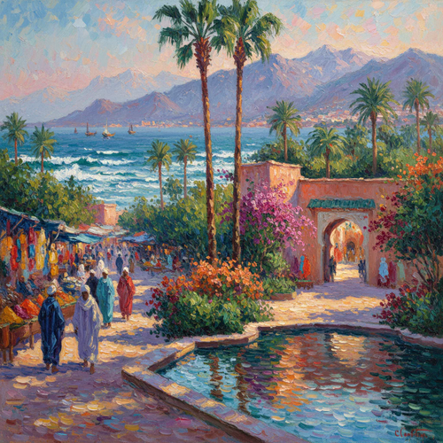 Mediterranean Coastal Market Art Print, Vibrant Seaside Village Wall Decor
